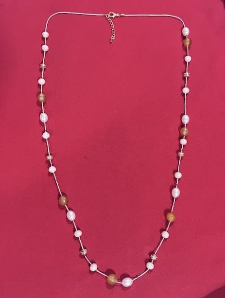 Long Length Pearl and Amber Beaded Necklace with Gold-Tone Accents and Pink Cord for Women