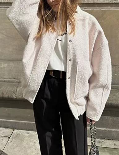 Womens Oversized Wool Blend Jackets Long Sleeve Button Down Casual Bomber Jacket Outwear with Pockets2