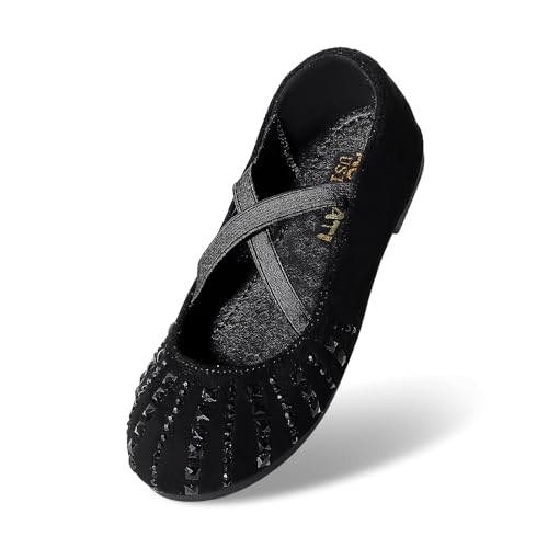 Toddler Girls Dress Shoes Sparkle Rhinestone Flower Girls Mary Jane Slip-On Ballet Flats for School, Wedding, Party