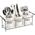 Bekith 3-Piece White Ceramic Silverware Caddy with Black Metal Rack, Utensil Holder Flatware Caddy Cutlery Storage Organizer for Kitchen Table, Cabinet or Pantry