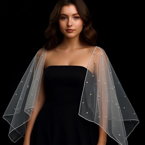 Pearl Sheer Shawl, White Pearl Shawl Soft Tulle Bridal Cape Wedding Scarf Lightweight Women Dress Topper for Evening Dresses Wedding, Formal Party2