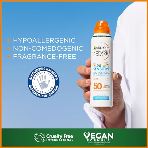 Garnier Ambre Solaire SPF 50+ Kids Anti-Sand Mist, Children's Sun Protection Spray, Non-Greasy and Fast-Absorbing, Water- and Sand-Resistant, Hypoallergenic, Sensitive Advanced, 150 ml - Image 7