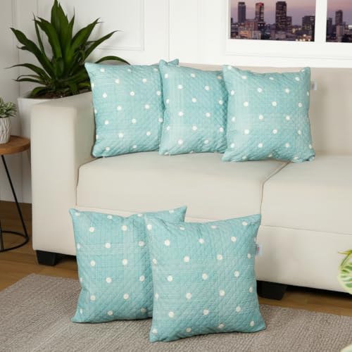 Image of STITCHNEST 'QuadraNest' Series Printed Quilted Velvet Cushion Cover 16x16 Inch Set of 5 | Premium Soft Fabric, Washable & Fade Resistant | Decorative Living Room Cushion Covers | Pastel Green