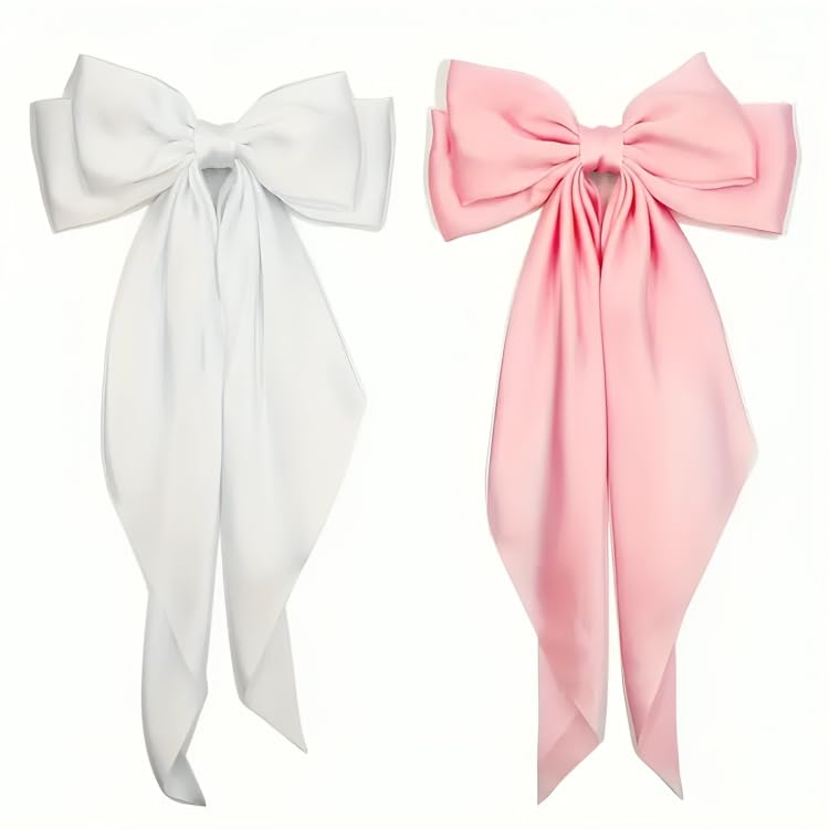 Image of FilterFashion Big Satin Layered Hair Bows for Women Girls 11.5 Inches Barrette Hair Clip Long Back Ribbon Bows French Style Hair Accessories (White,BabyPink)