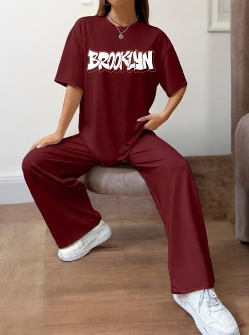 Image of My Swag Womens Co-Ords Set Casual T Shirt & Trouser Loose-Fit Printed Pajama Set for Women & Girls