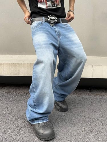 Image of HUNGSON Mens Baggy Jeans for Men Women Y2k Skater Vintage Plain Pants Casual Wide Leg Jeans Loose Fit Denim Jeans
