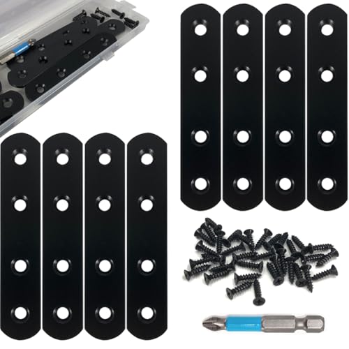 Image of 8 Pcs Black Straight Mending Plate Bracket Brace Stainless Steel Straight Brackets 95mm / 3.74 inch Wood Brace with Screws and Screwdriver