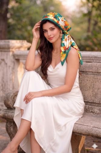 Image of Satin Square Head Scarf for Women, Floral Printed