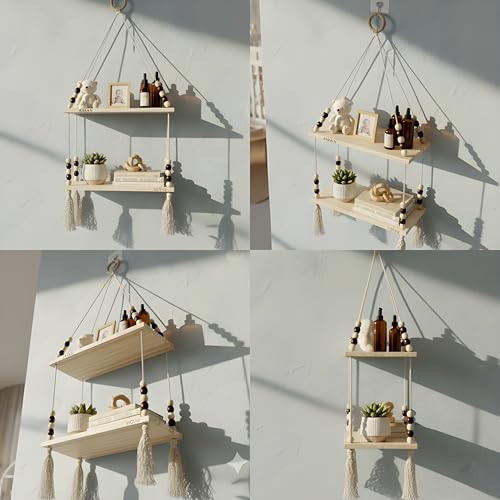 Image of 2-Tier Hanging Shelf with Wall Hook, Use Decor Plants, Books, Decorative Gift Items Nursery Livingroom Wooden Beads & Ring, Tassels Woven Bohemian