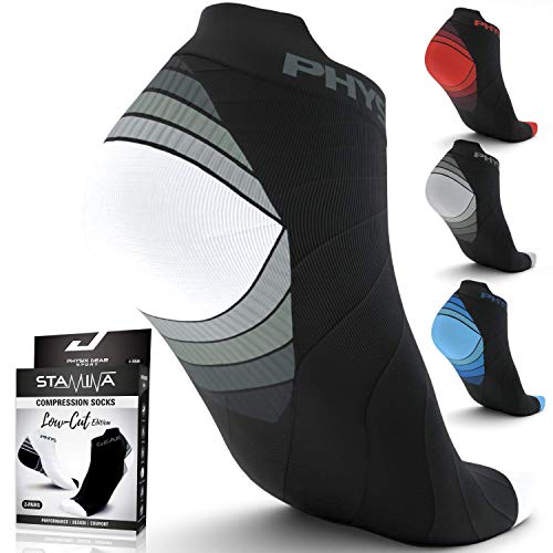 Physix Gear Short Compression Socks for Men & Women - Best Low Compression Socks Women & Men with Arch Support, Ideal for Running, Plantar Fasciitis comfort, and Swelling, White/Black (2 Pairs), L/XL