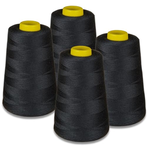 Juego de hilos de 4 conos Lialina para Overlock Negro, OEKO-TEX, resistencia de 120, longitud de 5000 m cada uno, 100% poliéster, hilo de coser para máquinas Overlock
