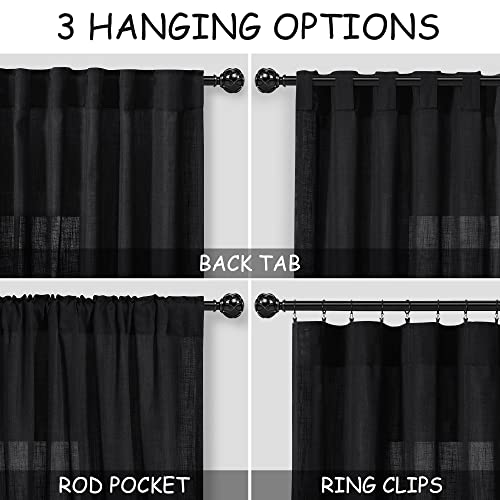 Image of Solid Black Curtains 96 Inches Long 2 Panel Set Back Tab Sheer Black Linen Curtain Modern Farmhouse Muslin Look Cotton Textured Gauze Curtains 96 inch Length for Patio Sliding Door Office Bedroom