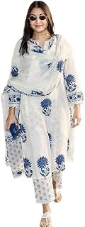 Nermosa Women's Hand Block Floral Printed Straight Kurta Set with Palazzo Pants & Dupatta Ethnic Kurta Set for Casual Outings Day Events Summer Wear Festive