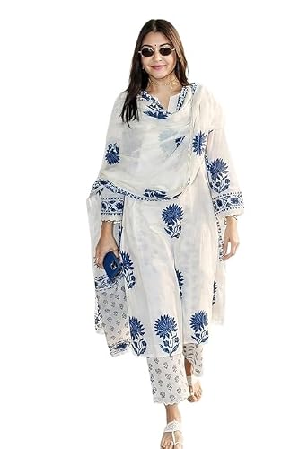 Nermosa Women's Hand Block Floral Printed Straight Kurta Set with Palazzo Pants & Dupatta Ethnic Kurta Set for Casual Outings Day Events Summer Wear Festive (IN, Alpha, M, Standard, White)