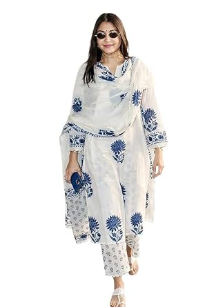 Nermosa Women's Hand Block Floral Printed Straight Kurta Set with Palazzo Pants