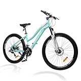 SmiloSprk Low-Step Mountain Bike for Women/Girl, 26' Sizes, 7/21-Speed Twist Shifting, Disc Brakes, Womens Bike with Suspension Fork, Easy Assembly, Ideal for Adventurers, White Logo+Green