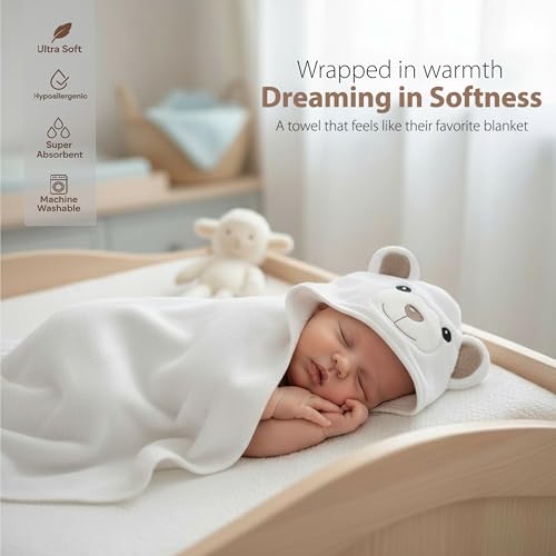Image of MINIBOO Hooded Baby Towels for Newborn - Super Soft Baby Bath Towels with Hood, Highly Absorbent Viscose Made from Bamboo Hooded Towel for Infant, Toddler and Kids, Baby Essentials