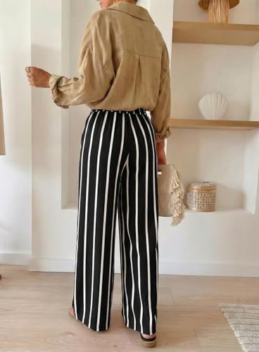Image of Acelitt Women Casual Drawstring Elastic Waist Striped Wide Leg Pants with Pockets, S-XXL