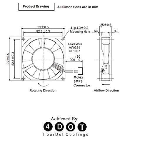 Image of Fourdot 92mm 4Inch Cabinet Cooling Fan 12V DC With Molex SMPS Connector Model 9225