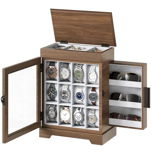 HOOBRO 12-Slot Wooden Watch & Sunglasses Case