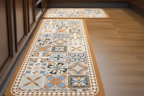 Image of HomeCloud Rubber Kitchen Mats for Floor Set of 2 Pcs|Non-Skid, Soft Absorbent Rugs for Kitchen, Laundry, and Hallway|120x40cm, 40x60cm| 4mm Thickness (Moroccan Beige Cream)