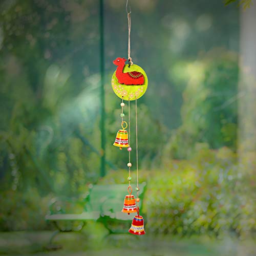 Image of Aakriti Art Creations Red Alpaka Wind Chime with 3 Metal Bells | Handmade Modern Art Wooden & Metal Wind Chime | Outdoor & Indoor Decorative Wind Chimes for Balcony, Garden, Living Room & Gifting