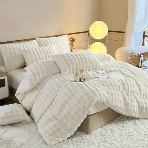 YASMENG Housse de Couette Flanelle 220x240 Hiver Chaude Blanc Peluche Imitation Fourrure de Lapin Parure de Lit Polaire Doux Douillet Duveteux Linge de Lit 2 Personne...