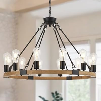 brfaixla 12-Light 31.5'' Wooden Wagon Wheel Chandelier Natural Farmhouse, Rustic Black Metal Ceiling Pendant Chandelier Vintage Wood Chandeliers Round for Living Dining Room Entryway Foyer
