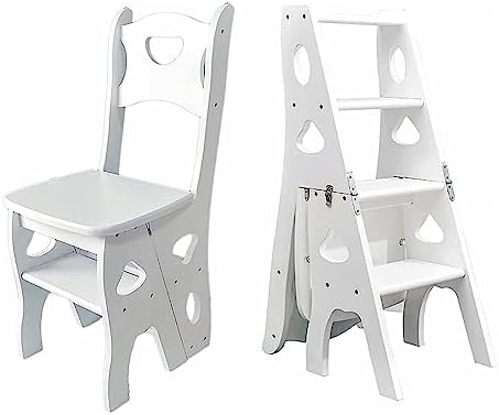 4-Step Folding Wooden Library Ladder Chair - Lightweight Portable Step Stool & Display Stand for Home, Office, Kitchen - Versatile White Design for Easy Access & Storage