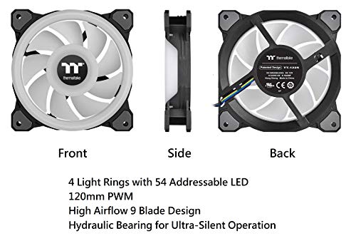 Image of Thermaltake Riing Quad 140mm 16.8 Million RGB Color (Alexa, Razer Chroma) Software Enabled 4 Light Rings 54 Addressable LED 9 Blades Hydraulic Bearing Case /Radiator Fan, 3 Pack, CL-F089-PL14SW-B Black