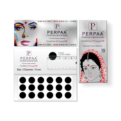 Image of PERPAA Premium Velvet Sticker Kumkum Bindi Box of 15 Flaps - Pottu for Women,Ladies, Girls (Size 02, Diameter 13mm, Black)