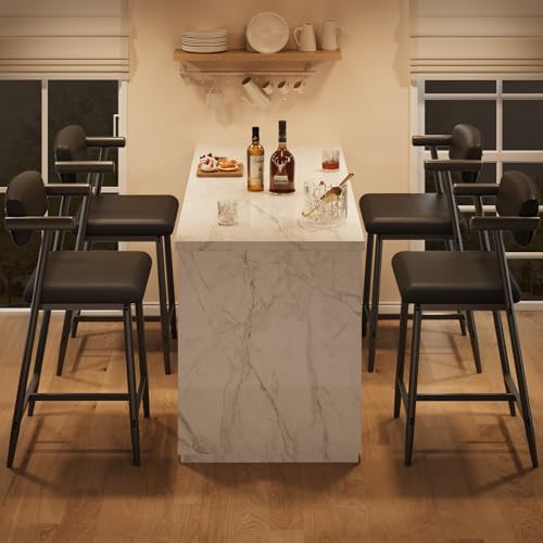 Image of GarveeHome Bar Stools Set of 8 with Arms, 26 inch Modern 8pcs Counter Height Metal Barstools Set with Back & Footrest, Upholstered Wider Seat, Sturdy Frame, for Counter Bar, Kitchen Island, Retro Black