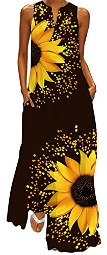 WINKEEY Damen Maxikleid Sommer Schmetterling Blumenkleid Sexy V-Ausschnitt Oversized Elegant Kleider Ärmelloses Kleid, Gelbe Sonnenblume L