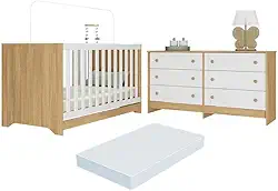 Berço Americano 3 em 1 com Colchão Incluso e Cômoda Caramelo Multimóveis Mp4678 Madeirado/branco