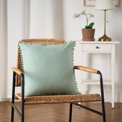 Image of 100% Cotton Pom Pom Cushion with Filler, Elegant & Modern Cushion Cover for Living Room, Square Shape, 20 inchx20 inch, uni slub, Set of 3 - Celadon Green