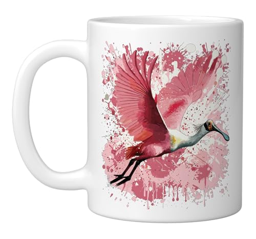 Roseate Spoonbill Splatter Art, Roseate Spoonbill Ceramic Mug, White