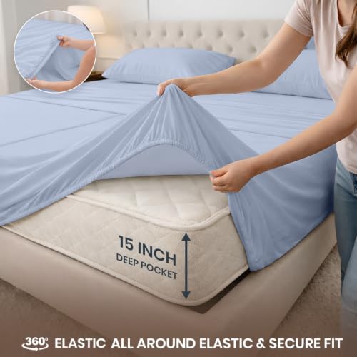 Image of SGI Split King Sheet Set for Adjustable Bed Egyptian Premium Cotton 600 Thread Count Sheets for Sleep Number Bed 15 inch Deep Pocket 5 Pc Set with 2 Twin XL Fitted Sheets Soft Breathable - Cornflower Blue