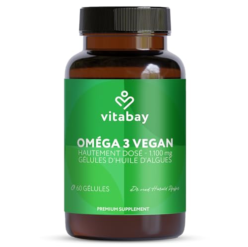 Vitabay Omega-3 Vegan 60 Gélules – 1100 mg huile d’algues avec vitamine E – DHA 600 mg & EPA 300 mg – hautement dosé – testé en laboratoire en...