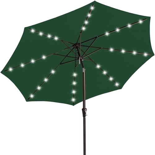 Image of JEAREY 9FT Outdoor Patio Umbrella with Solar Lights, LED Lighted Pool Umbrella with Tilt and Crank, Outdoor Table Umbrellas for Deck, Yard & Market (Dark Green)