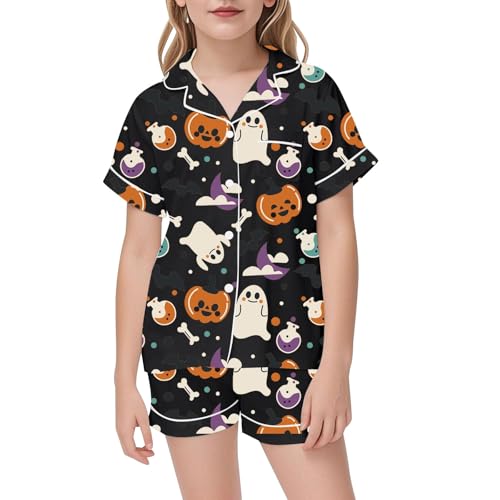 Girls Satin πajama Set Halloween Pumpkin Ghost Print Shirts And Shorts Short Sleeve Button Down Soft 2 Piece Outfits2