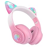 FLOKYU Kabellose Kinder-Kopfhörer, LED-Bluetooth-Kopfhörer, Farbwechsel, Katzenohren, kabellose Headsets mit Mikrofon für Kinder/Mädchen/Schule/Weihnachten (Pink Pro)