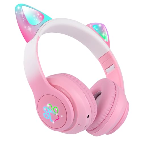 FLOKYU Kids Wireless Headphones LED Light up Cat Bluetooth Headphones Color Changing Cat Ear Wireless Headsets with Microphone for Kids/Girls/School/Christmas (Pink Pro)