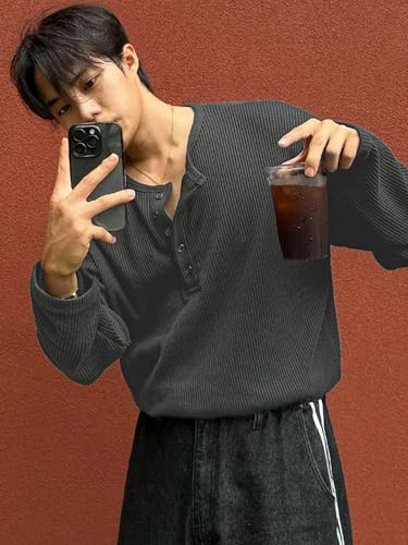 Image of Men's Textured Fabric Solid Color Basic Half-Open Collar T-Shirt, Fall Long Sleeve Men Shirt | Tshirt for Men