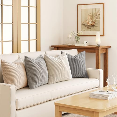 MIULEE Boho Farmhouse Decorative Pillow Covers 20x20 Inch Set of 4 Rustic Modern Home Decor Couch Throw Pillows Corduroy Pillowcases for Sofa Living Room Bed Neutral