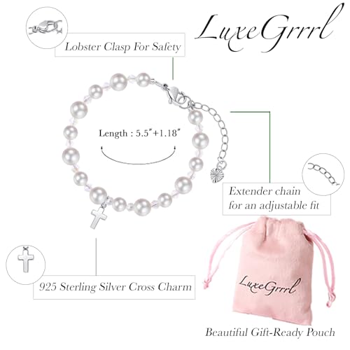 Image of Pearl Cross Bracelets for Girls, Sterling Silver Baby Bracelet, Baptism Gifts for Girl, Christening and First Communion Christian Jewelry Gift for Kids