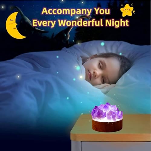 Image of Crystal Lamp Natural Rock Night Light Crystal Amethyst Lights Ambiance Enhancer Quartz Geode Decoration Bedside Table Small Night Lamp for Home, Office, or Space of Meditation (Purple)