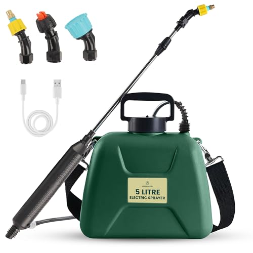 Green Haven 5L Battery-Powered Pressure Sprayer USB Rechargeable Electric Garden Sprayer with 3 Adjustable Nozzles Easy-Fill Tank Durable ABS Portable Design and Shoulder Strap for Gardening