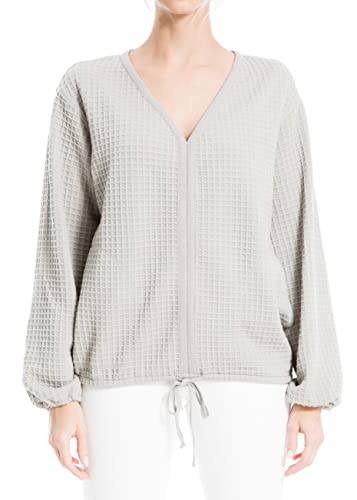 Max Studio Women's Waffle Knit V Neck Long Sleeve Pullover
