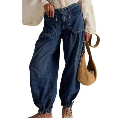 Women Mid Waist Baggy Washed Pants Fashion Pleated Wide Leg Jeans with Pockets