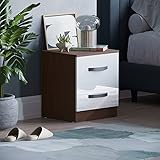 Marca Amazon - Movian Mesita de Noche de Alto Brillo, Color Blanco y Nogal, 2 Asas y guías de Metal, Soporte único para cajón antiarqueado, Mueble de Dormitorio, 47 x 40 x 36 cm